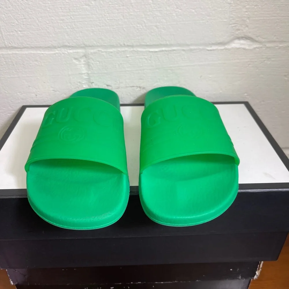 Gucci Rubber Slide Sandals Green Interlocking GG Logo Men's 7 Made in Italy